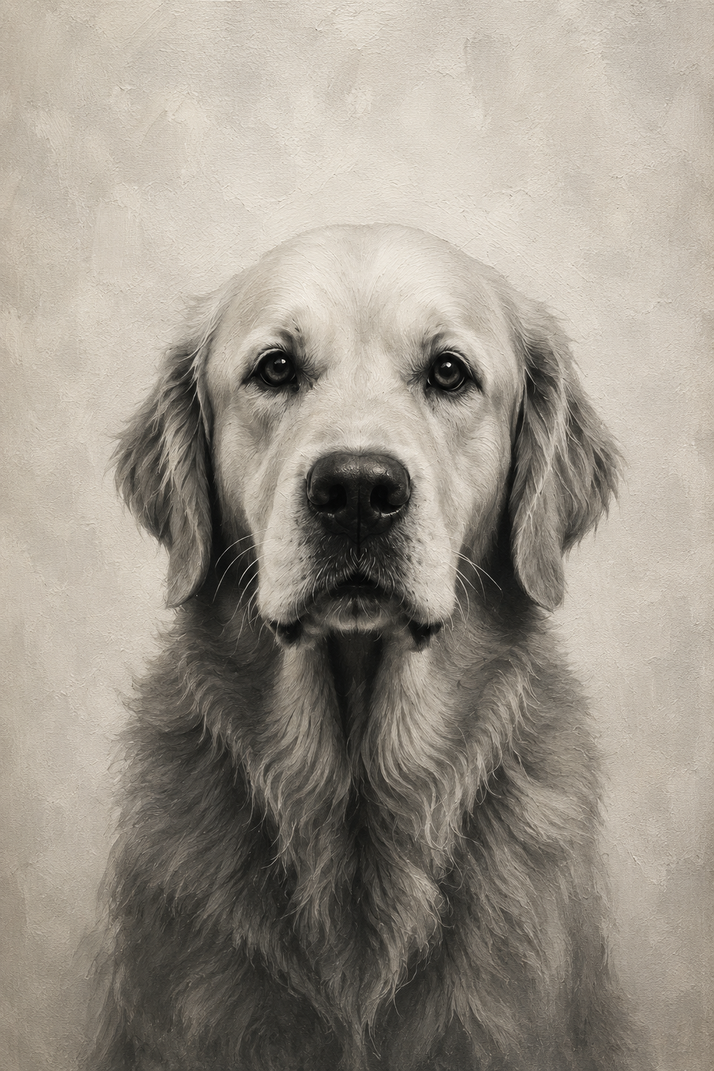 Black and white portrait of a dog with a textured background