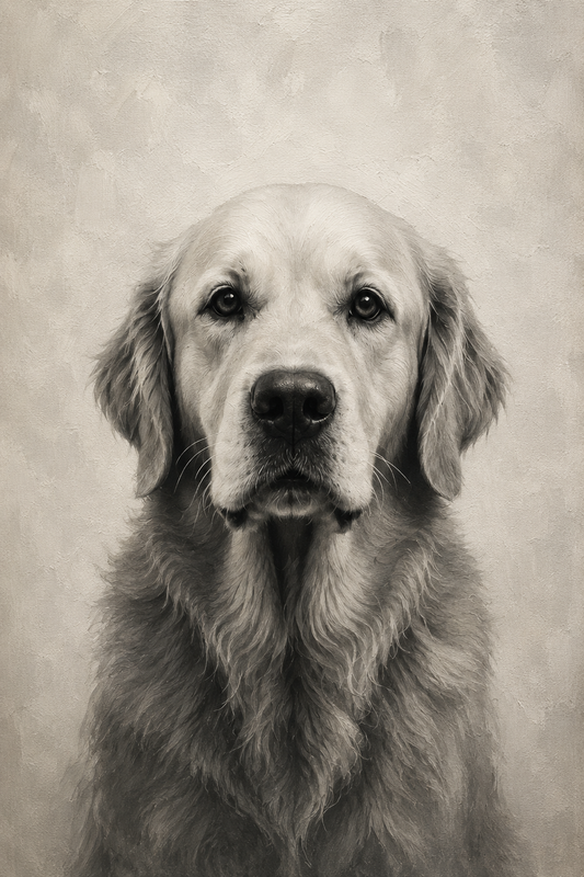 Black and white portrait of a dog with a textured background