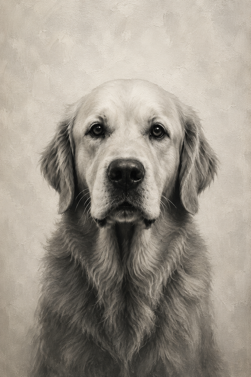 Black and white portrait of a dog with a textured background